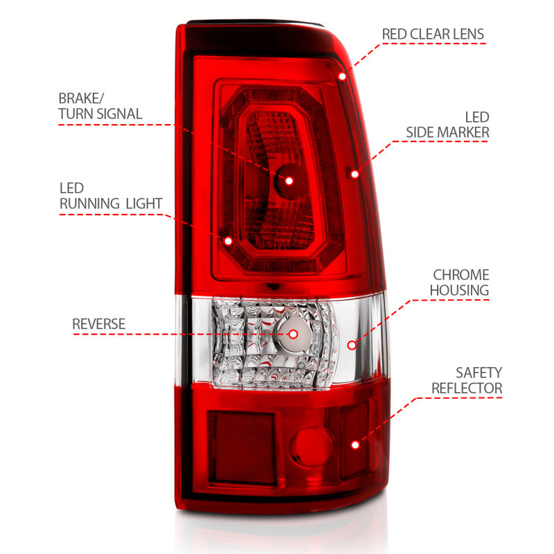 ANZO 1999-2002 Chevy Silverado 1500 LED Taillights Plank Style Chrome With Red/Clear Lens